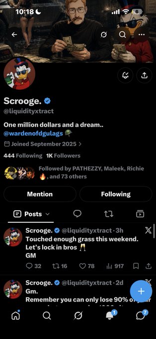 A screenshot of an X (Twitter) profile for 'Scrooge.' with the handle @liquidityxtract, displaying a bio that reads 'One million dollars and a dream.. @wardenofdgulags', alongside profile and cover art featuring a mustachioed man and a duck character in a Mafia-themed illustration.