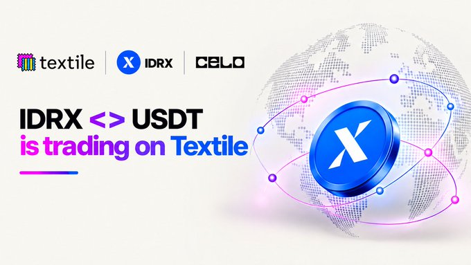 A promotional banner announcing 'IDRX <> USDT is trading on Textile', featuring the logos for Textile, IDRX, and CELO against a globe graphic.