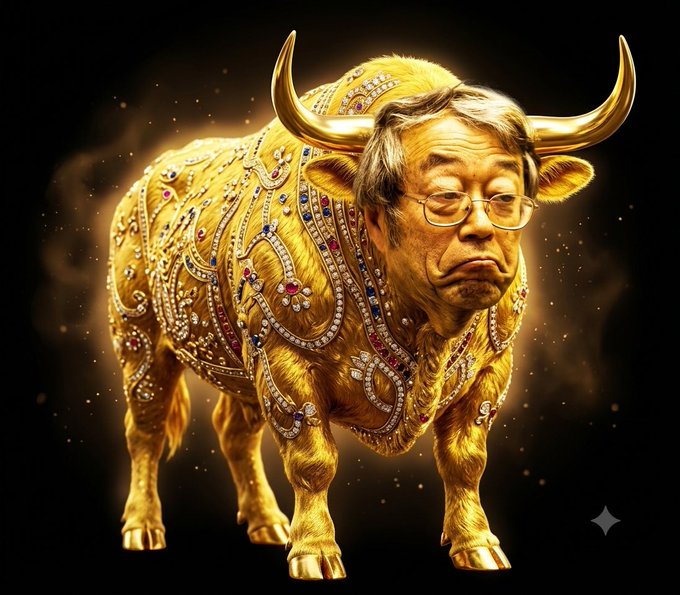 An ornate, golden bull adorned with jewels features the face of Satoshi Nakamoto, symbolizing his creation, Bitcoin, as a valuable asset. The image visually represents the post's message that "$SATOSHI Bitcoin is GOLD".