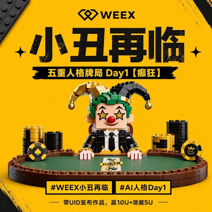 The image features a cartoon clown sitting at a poker table, surrounded by stacks of chips. The text "Weex AI Day1" is displayed above the scene, indicating that this is an AI-generated advertisement for a poker game. The post also mentions that there are 10U available for players to use on the first day of the event.