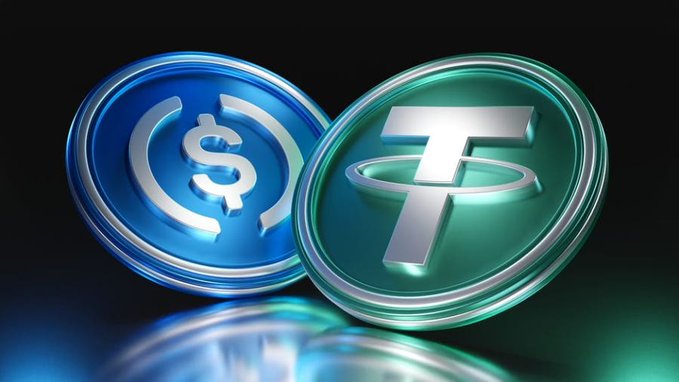 Two 3D-rendered cryptocurrency coins—one blue featuring the USDC logo and one teal displaying the Tether (USDT) logo—rest against a dark background, visually representing the dominant stablecoins (USDC and USDT) that the post highlights as crypto's leading payment solutions.
