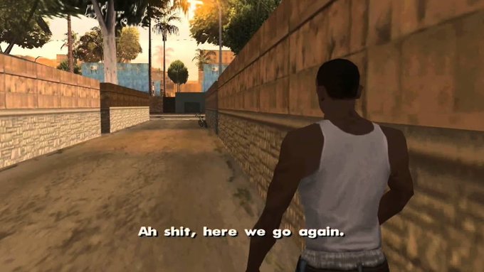 The image shows a man walking down an alleyway, with text written above him that reads "AH shit, here we go... Ah shit, here we go..." The man appears to be wearing a tank top and shorts as he walks past a brick wall.