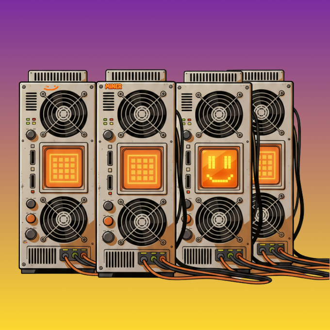 A cartoonish illustration of four cryptocurrency mining rigs with cooling fans, glowing orange screens—one displaying a smiley face—and the word 'MINER' visible, against a purple-to-yellow gradient background.