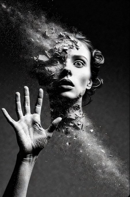 A dramatic black-and-white image of a woman with a terrified expression, holding up her hand as her face appears to be disintegrating or dissolving into particles and debris on one side.