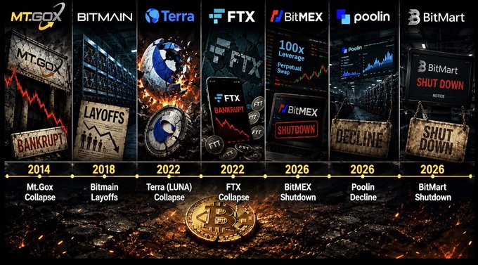 The image is a timeline infographic showing major crypto company collapses from 2014 to 2026, featuring Mt. Gox (2014), Bitmain (2018), Terra/LUNA (2022), FTX (2022), BitMEX (2026), Poolin (2026), and BitMart (2026), each marked with labels like "BANKRUPT," "LAYOFFS," and "SHUT DOWN" alongside a Bitcoin crashing into the ground. It visually reinforces the post's claim that true Bitcoin bottoms are signaled not just by price drops, but by the disappearance of leading industry players, with a Bitcoin shattering the earth to symbolize market devastation.