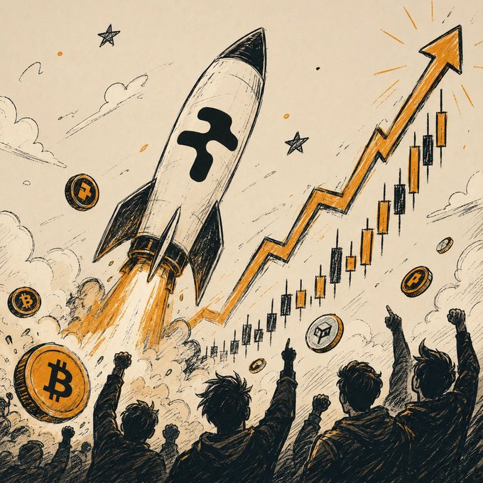 A hand-drawn illustration depicts a rocket launching upward alongside an ascending stock chart and Bitcoin coins, with silhouetted figures cheering below.
