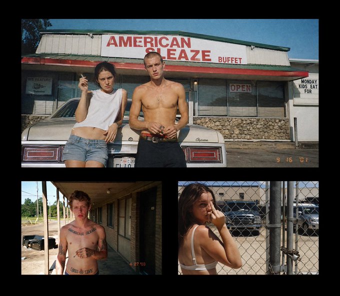 A collage of three film-style photographs shows people posing in front of 'AMERICAN SLEAZE BUFFET' with date stamps like '9 16 '01' visible in the corners.