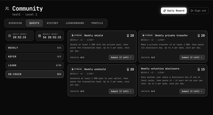 A dark-themed 'Community' dashboard for user 'test1' at Level 1, displaying a 'QUESTS' tab with weekly crypto tasks like 'Weekly shield', 'Weekly private transfer', 'Weekly unshield', and 'Weekly selective disclosure' each offering 15-20 points, with countdowns showing 20:52:15 remaining.