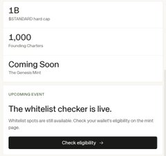 A project card for "1B" ($STANDARD) shows 1,000 Founding Characters, the upcoming "The Genesis Mint," and an announcement that "The whitelist checker is live" with 875 whitelist spots still available. The image confirms the post's details about the limited 1,000 NFT supply and the ongoing whitelist phase.