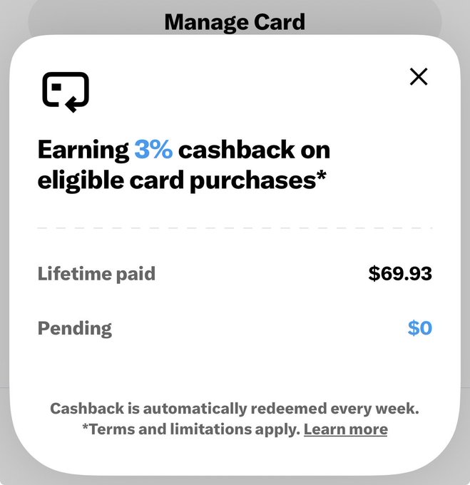 A "Manage Card" modal displays a 3% cashback offer on eligible purchases, showing $69.93 in lifetime cashback paid and $0 pending, reinforcing the weekly redemption theme highlighted in the "XMoney Mondays" celebration.