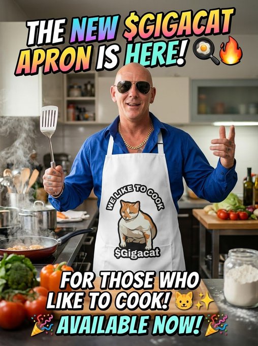 Advertisement for "The New $GIGACAT Apron Is Here!" featuring a man in sunglasses holding a spatula in a kitchen, with an apron reading "ME LIKE TO COOK $Gigacat" and "FOR THOSE WHO LIKE TO COOK! AVAILABLE NOW!"