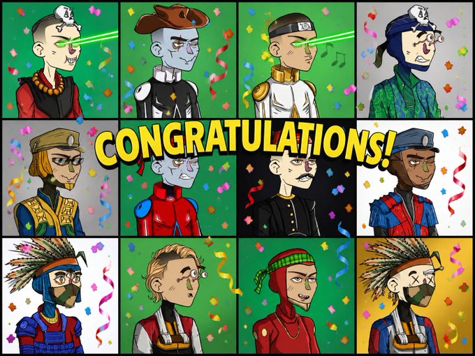 A colorful congratulatory illustration featuring a 4x3 grid of cartoon character portraits with varied outfits, with the bold text 'CONGRATULATIONS!' displayed across the center, decorated with confetti.