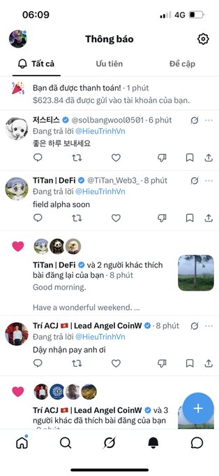 A smartphone screenshot of a social media notifications page in Vietnamese showing various likes, reposts, and interactions including users @HieuTrinhVN, @TiTan_Web3_, and Lead Angel CoinW.