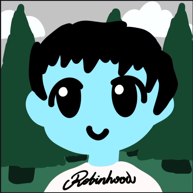 A cartoon illustration of a blue-skinned character with black hair wearing a 'Robinhood' shirt, set against a backdrop of green trees and a cloudy sky.