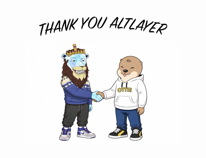 A cartoon illustration showing a blue-faced, lion-like character wearing a crown and hoodie shaking hands with a brown bear character in a white 'OTTIE' hoodie, accompanied by the text 'THANK YOU ALTLAYER'.