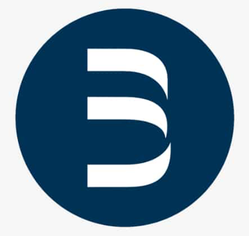 A blue circular logo featuring a stylized white letter 'D' or 'E' design.