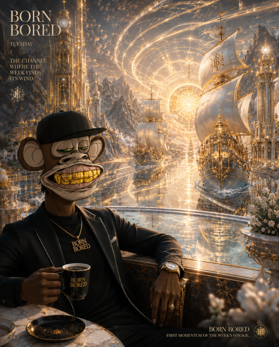 A relaxed figure in a black "BORN BORED" cap and tee, sporting a gold-toothed smile, holds a matching mug against a breathtaking golden seascape filled with opulent ships and sunlit spires. The text "BORN BORED / TUESDAY / THE CHANNEL WHERE THE WEEK FINDS ITS WIND" frames the scene, tying the brand's "first momentum of the week's volume" to a luxurious, mindful pause—mirroring the post's message of savoring each next moment to win the day.