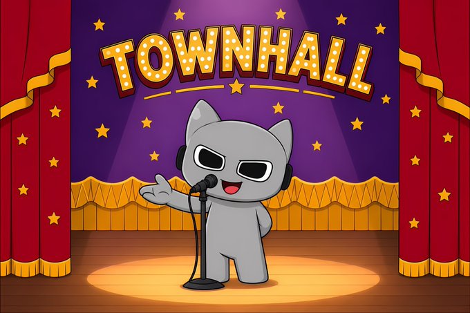 A cartoon illustration of a gray cat character wearing headphones and speaking into a microphone on a stage, with a 'TOWNHALL' marquee sign and red curtains in the background.