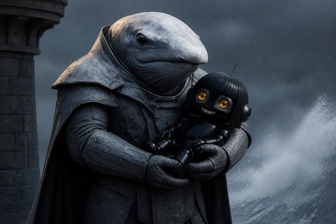 A stone statue of a dolphin-like warrior tenderly holds a small black robot child with bright golden eyes against a stormy, wave-filled backdrop. The image's themes of guardianship and unexpected fortune visually echo the post's gratitude for receiving an unexpected $5,000 airdrop during a difficult time.