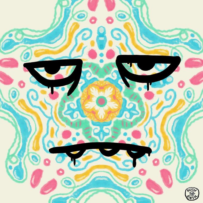 A colorful psychedelic artwork by 'BUDA MIL' featuring a symmetrical face with drooping black eyes and a frown set against a vibrant kaleidoscopic pattern of pink, blue, green, and yellow.