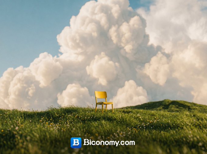 The image features a yellow chair sitting alone on top of a grassy field, with clouds floating above them. The chair appears to be empty, suggesting that there are no people around at the moment. The scene seems to evoke a sense of calmness and tranquility as one would expect from a slow morning or early afternoon setting. The post also mentions "GM Sunday Slow morning" and "Focus on what is in the image".