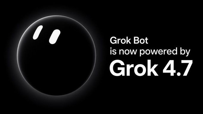 A promotional graphic with a black background displaying a glowing dark sphere and the text 'Grok Bot is now powered by Grok 4.7'.