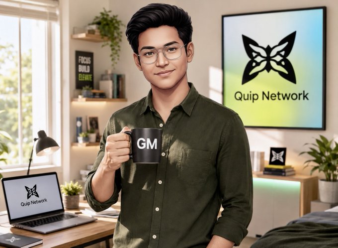 A digital illustration of a smiling man in a green shirt holding a 'GM' mug, with a laptop and screen displaying the Quip Network butterfly logo in the background.