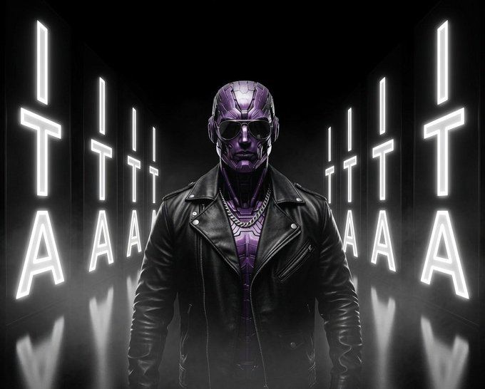 A futuristic, robotic figure with a purple metallic head and dark sunglasses stands confidently in a black leather jacket, flanked by glowing "ITIA" letters that repeat into a misty tunnel. The image's bold, neon-lit aesthetic and stoic pose reinforce the post's message of staying focused and building strength behind the scenes.