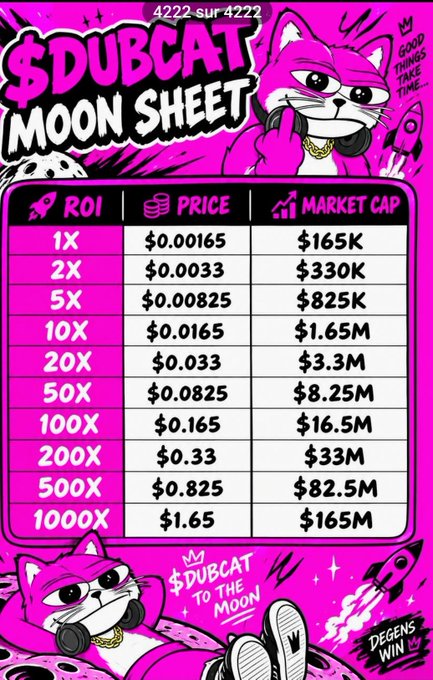 A pink meme-style '$DUBCAT MOON SHEET' showing ROI projections at various multipliers (1X to 1000X), with price scaling from $0.00165 to $1.65 and market cap from $165K to $165M, featuring a cartoon cat character.