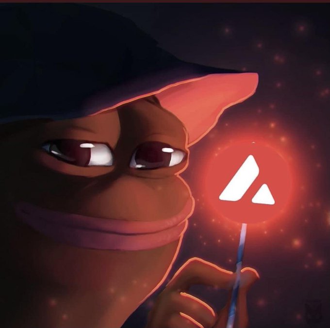 A digital illustration of a dark, hooded character holding a glowing red lollipop featuring the Avalanche (AVAX) cryptocurrency logo against a starry night sky.