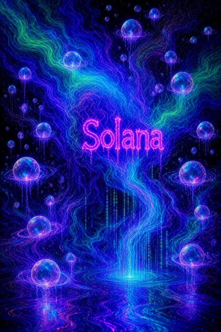 A vibrant, cosmic-style digital artwork featuring the glowing neon text "Solana" surrounded by radiant planets, flowing energy streams, and cascading code-like patterns in brilliant purples, blues, and greens—evoking a sense of awakening energy and optimism that perfectly matches the "Rise and shine, Solana fam! Nil desperandum" message of hopeful resilience.