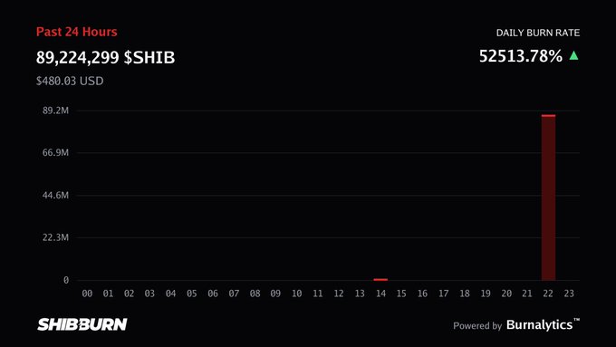 A ShibaBurn burn rate chart showing 'Past 24 Hours: 89,224,299 $SHIB ($480.03 USD)' with a daily burn rate spike of 52,513.78% at hour 22, powered by Burnalytics.