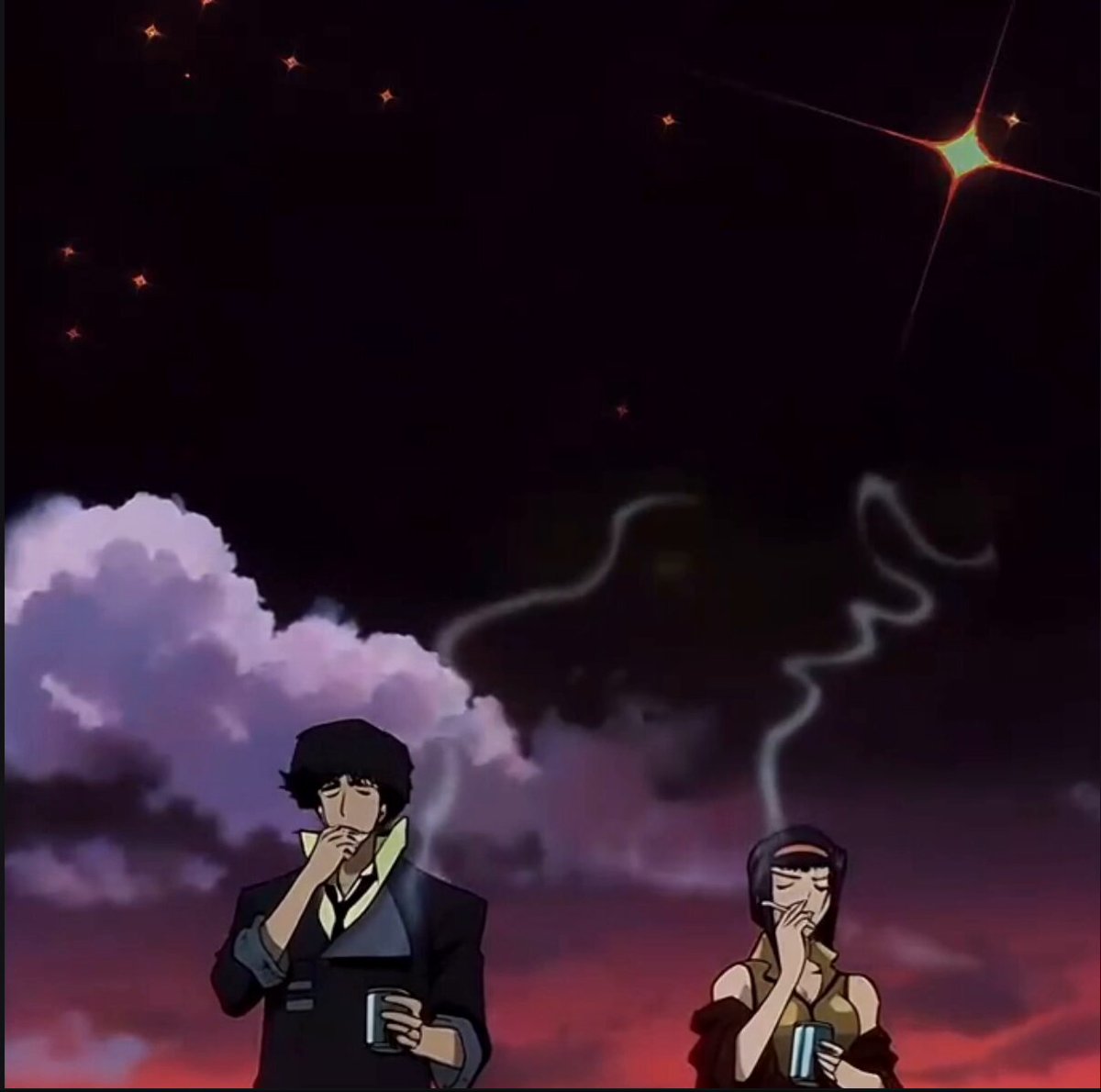Spike Spiegel and Faye Valentine from Cowboy Bebop smoke and drink beneath a starry night sky, visually echoing the post's "cowboy" reference as a metaphor for chasing the SPCX IPO with onchain stocks via xStocksFi.