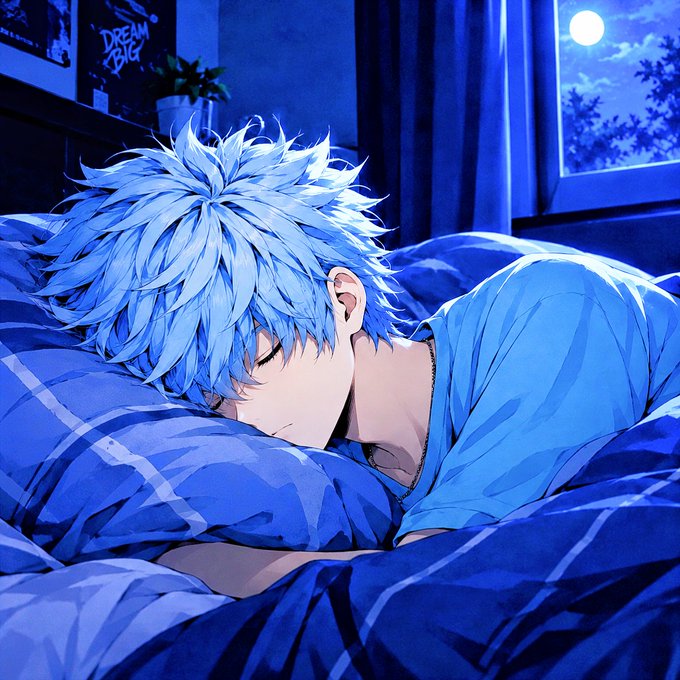 An anime-style illustration of a character with spiky light blue hair sleeping peacefully in blue striped bedding next to a window showing a full moon.