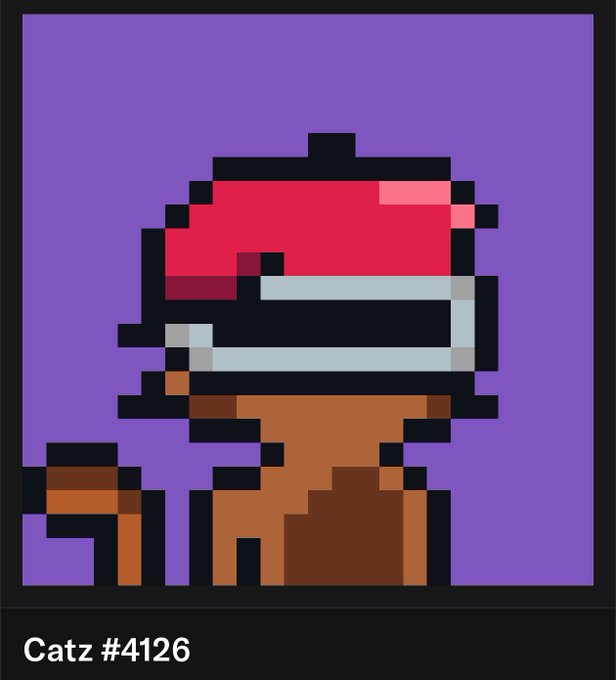 A pixel art illustration of a brown cat wearing a red and white helmet with a visor, labeled 'Catz #4126' on a purple background.