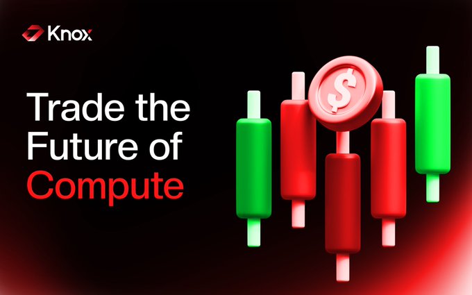 A promotional banner for 'Knox' with the tagline 'Trade the Future of Compute' next to a 3D illustration of red and green trading candlesticks with a dollar coin.
