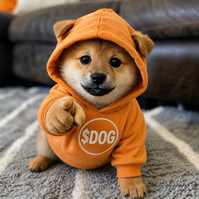 The image features a small brown dog wearing an orange hoodie with the word "DOG" written on it. The dog appears happy, possibly posing for a photo or video. The background of the image shows a couch against which the dog is sitting. There are also some text elements in the image that read "Hey $DOG community, are you happy with all this manipulation? It seemed like it was gonna explode, but not this time. You know why? BECAUSE YOU DON'T TAKE YOUR $DOG OUT OF THE EXCHANGE. Yeah... that's why... so, you gonna let this keep happening?"