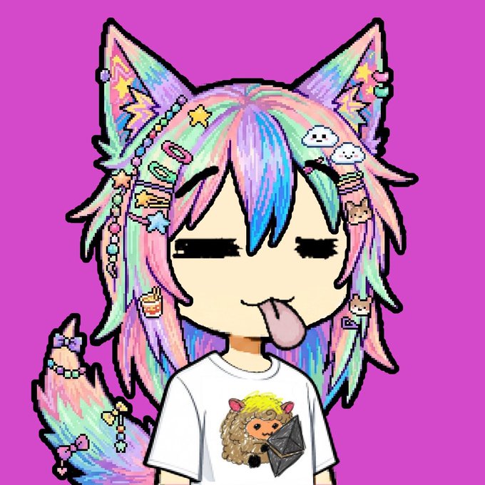 An anime-style illustration of a character with rainbow-colored hair, cat ears, and a pink background, wearing a white t-shirt featuring a cartoon sheep.