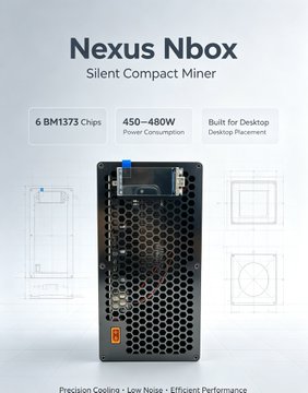 Product advertisement for the 'Nexus Nbox' Silent Compact Miner, featuring specifications like '6 BM1373 Chips', '450~480W Power Consumption', and 'Built for Desktop Desktop Placement'.