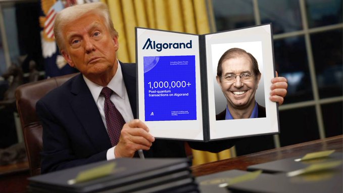 An AI-generated image of Donald Trump in the Oval Office holding an Algorand book titled '1,000,000+ Post-quantum transactions on Algorand' next to a photo of an Algorand executive.