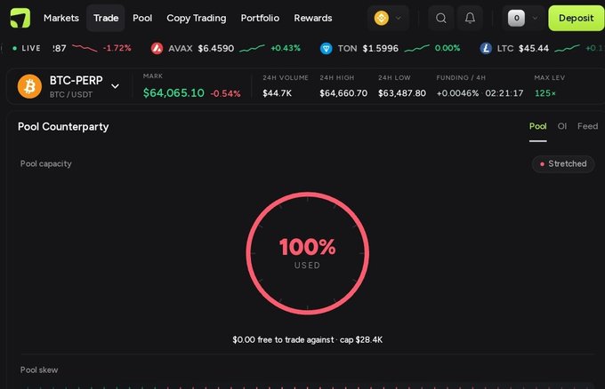 A cryptocurrency exchange interface showing the BTC-PERP trading pair on a pool platform, with a large pink circle indicating '100% USED' capacity and BTC price at $64,065.10.