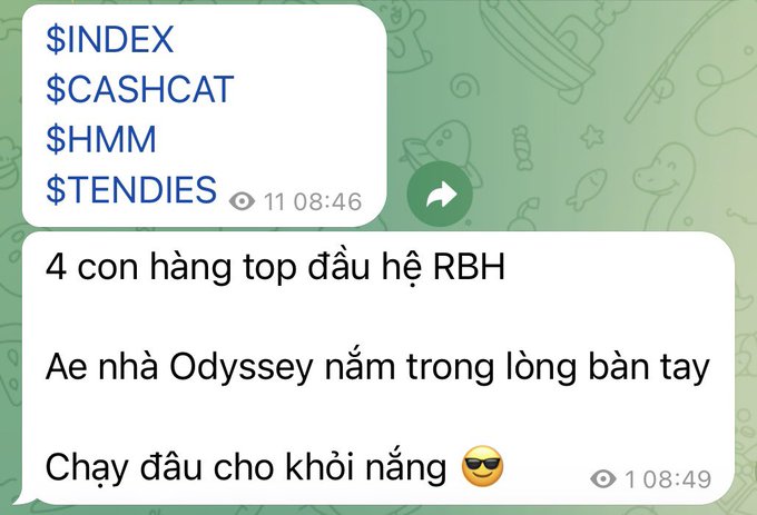 A chat screenshot in Vietnamese discussing stocks with text including '$INDEX', '$CASHCAT', '$HMM', '$TENDIES', '4 con hàng top đầu hệ RBH', 'Ae nhà Odyssey nắm trong lòng bàn tay', and 'Chạy đầu cho khỏi nắng'.