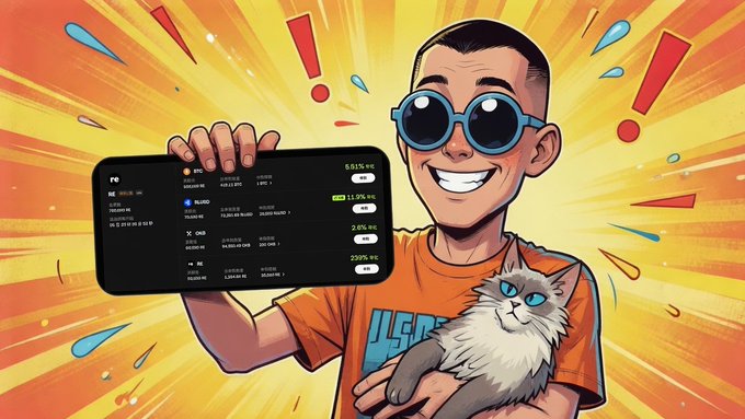 A cheerful cartoon man wearing blue sunglasses and an orange shirt holds a fluffy cat while proudly displaying a phone screen showing BTC, RLUSD, and OKB returns of up to 8.55%, matching the post's promotion of OKX's Flash Earn with idle crypto assets and a 700,000 RE token prize pool.