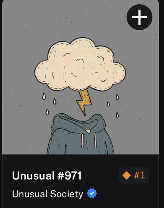 The image shows a digital collectible labeled "Unusual #971" from the "Unusual Society" collection (rank #1), featuring artwork of a rain cloud with a lightning bolt striking a hooded sweatshirt. The piece, tied to the post's "another unusual buy," illustrates the addition of a new NFT to the collector's Unusual Society portfolio.