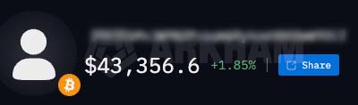 A dark widget displaying a Bitcoin (B) balance of $43,356.6 with a +1.85% increase and a blue 'Share' button.