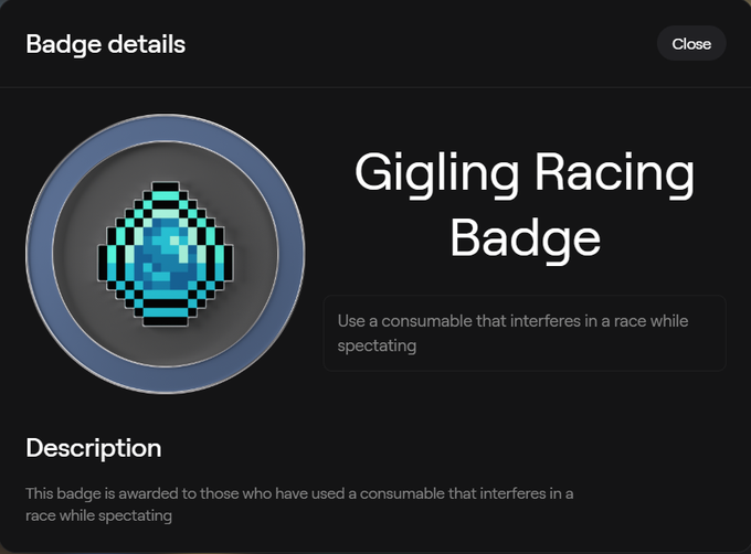A 'Badge details' page for the 'Gigling Racing Badge,' described as being awarded for using a consumable that interferes in a race while spectating, featuring a pixelated blue helmet icon.