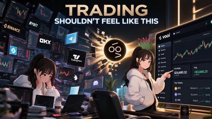 An animated promotional graphic reading 'TRADING SHOULDN'T FEEL LIKE THIS' featuring anime-style characters surrounded by floating screens displaying logos for Binance, OKX, and trading charts.