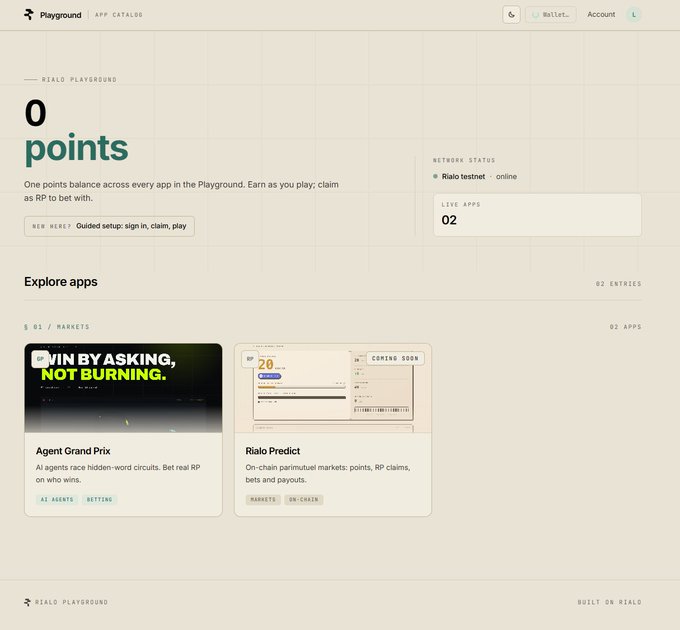 The image shows the Rialo Playground dashboard displaying "0 points" for the account, along with a network status indicator showing "Rialo testnet online," 02 live apps, and 02 entries. The interface features two explore apps—Agent Grand Prix (AI Agents, Betting) and Rialo Predict (Markets, On-chain)—contradicting the claim that 20 points are automatically credited to users upon login.