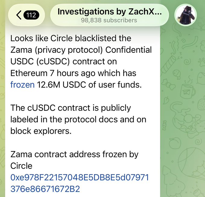 The image features a screenshot from an iPhone showing various elements related to an investigation or email discussion involving the Zama (Zapa) privacy protocol, the USDC (USDC), and Bitcoin. The text seems to be written by someone named @zama, which is a reference to an investigation into Zama's privacy protocols by @zama regarding its USDC contract, a payment frozen in time due to bad actors, and other related issues.
