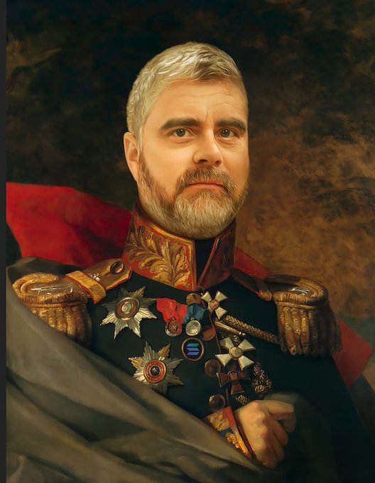 A digital portrait painting depicting a gray-haired, bearded man in an ornate dark military uniform adorned with gold epaulettes and medals.